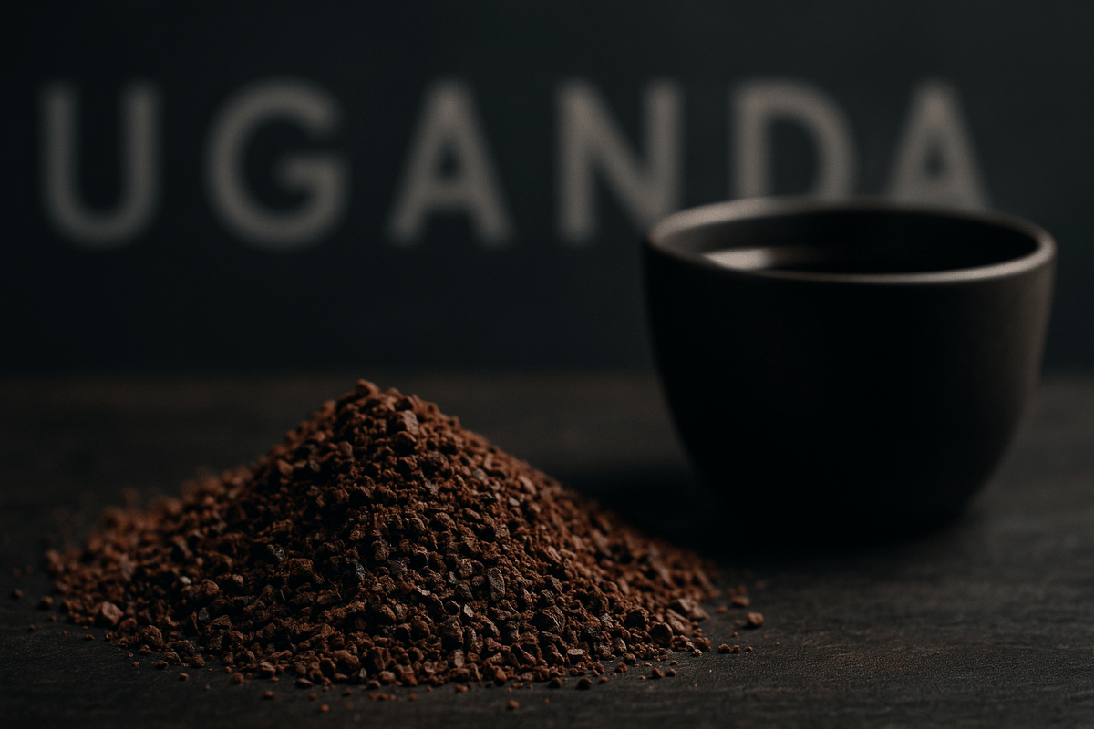 A cup beside ground Uganda Semuliki brewing cacao