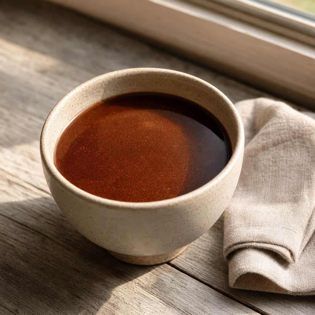 Cup of warm brewed cacao on a sunlit wooden windowsill