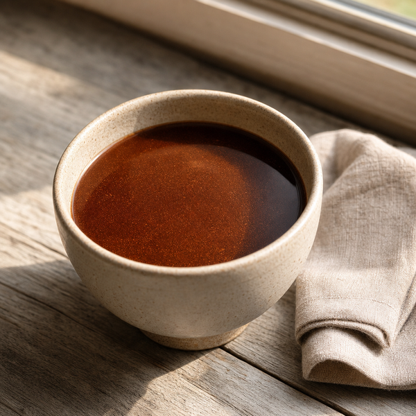 Cup of warm brewed cacao on a sunlit wooden windowsill