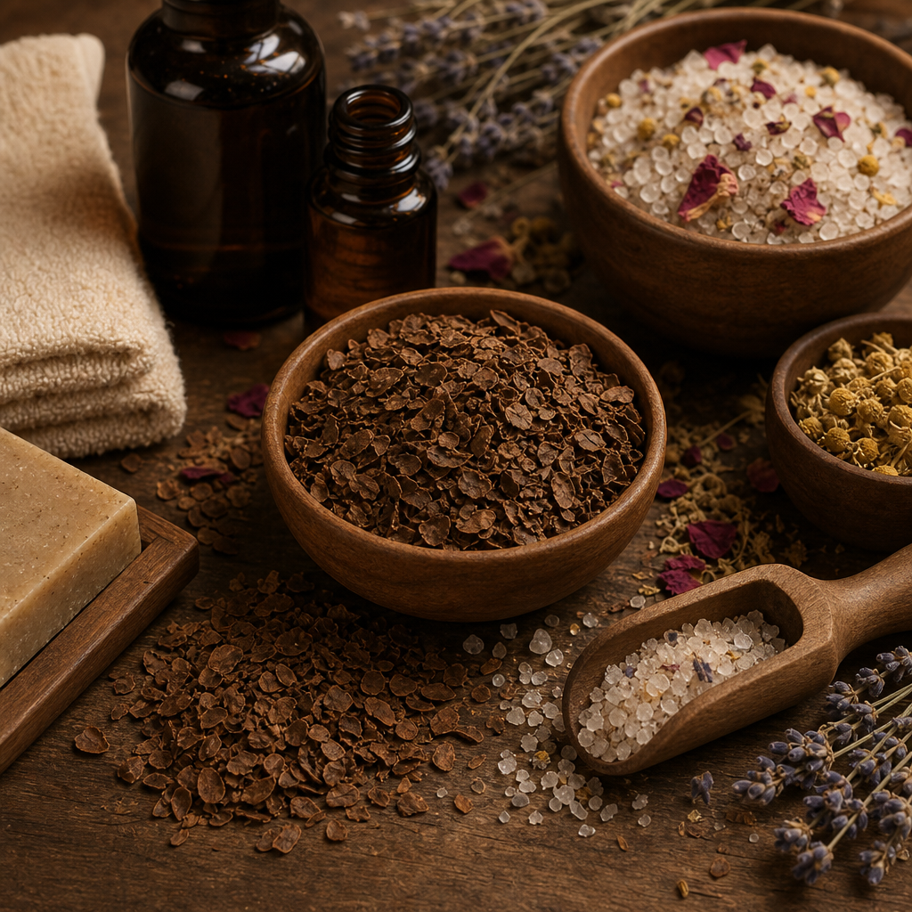 Cacao bean husk with bath salts and botanicals for aromatic bath and body care blends