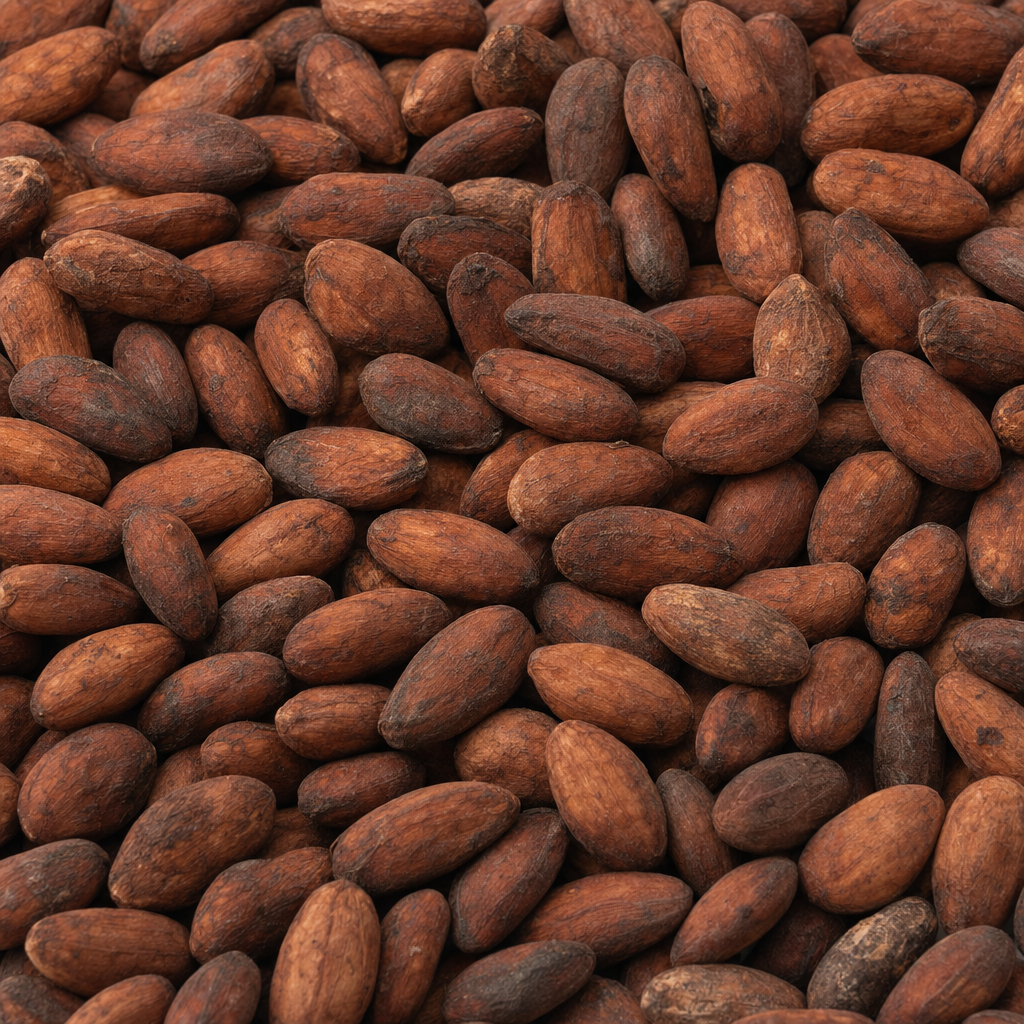 Close-up of Ecuador Costa Esmeraldas 2026 cacao beans showing clean red-auburn shells.