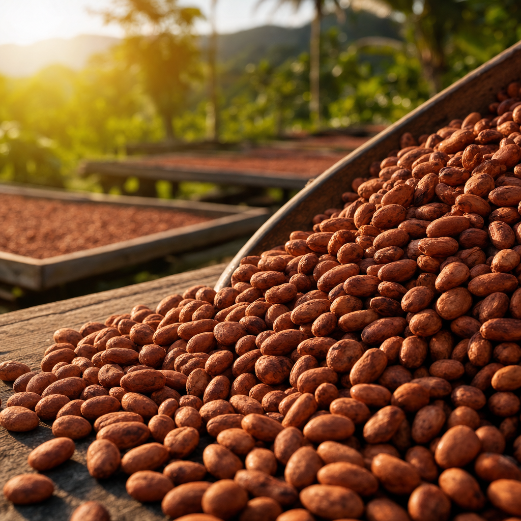 Fiji Rakiraki cacao beans piled on a drying deck in warm tropical sunlight
