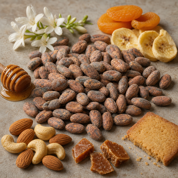 Assorted nuts, dried fruits, and honey on a textured surface with flowers.