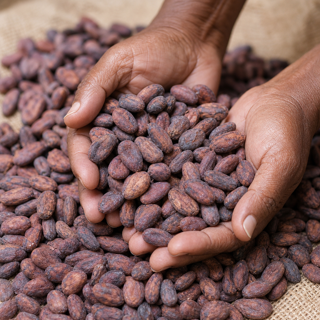 Hands holding a pile of cocoa beans on a textured surface