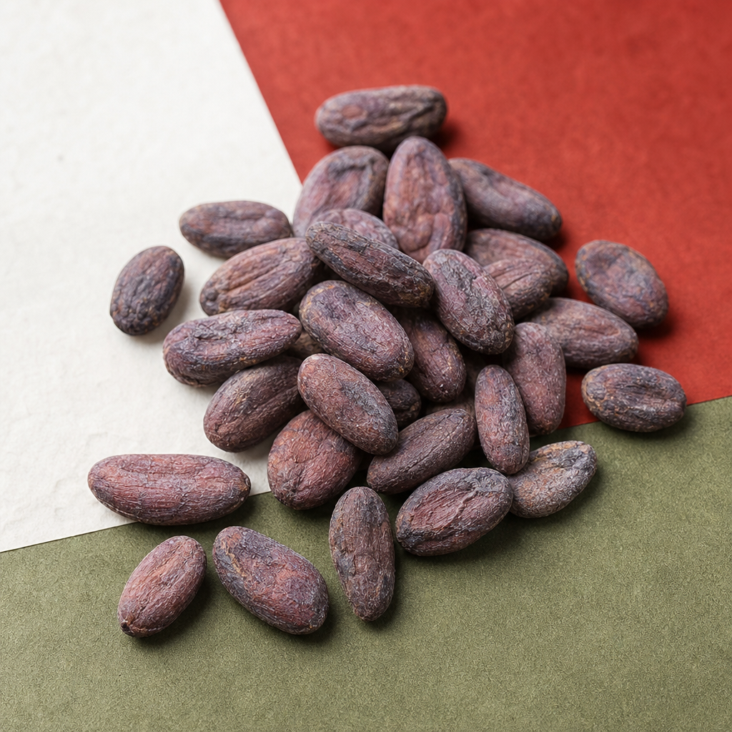 Pile of cacao beans on a multicolored background