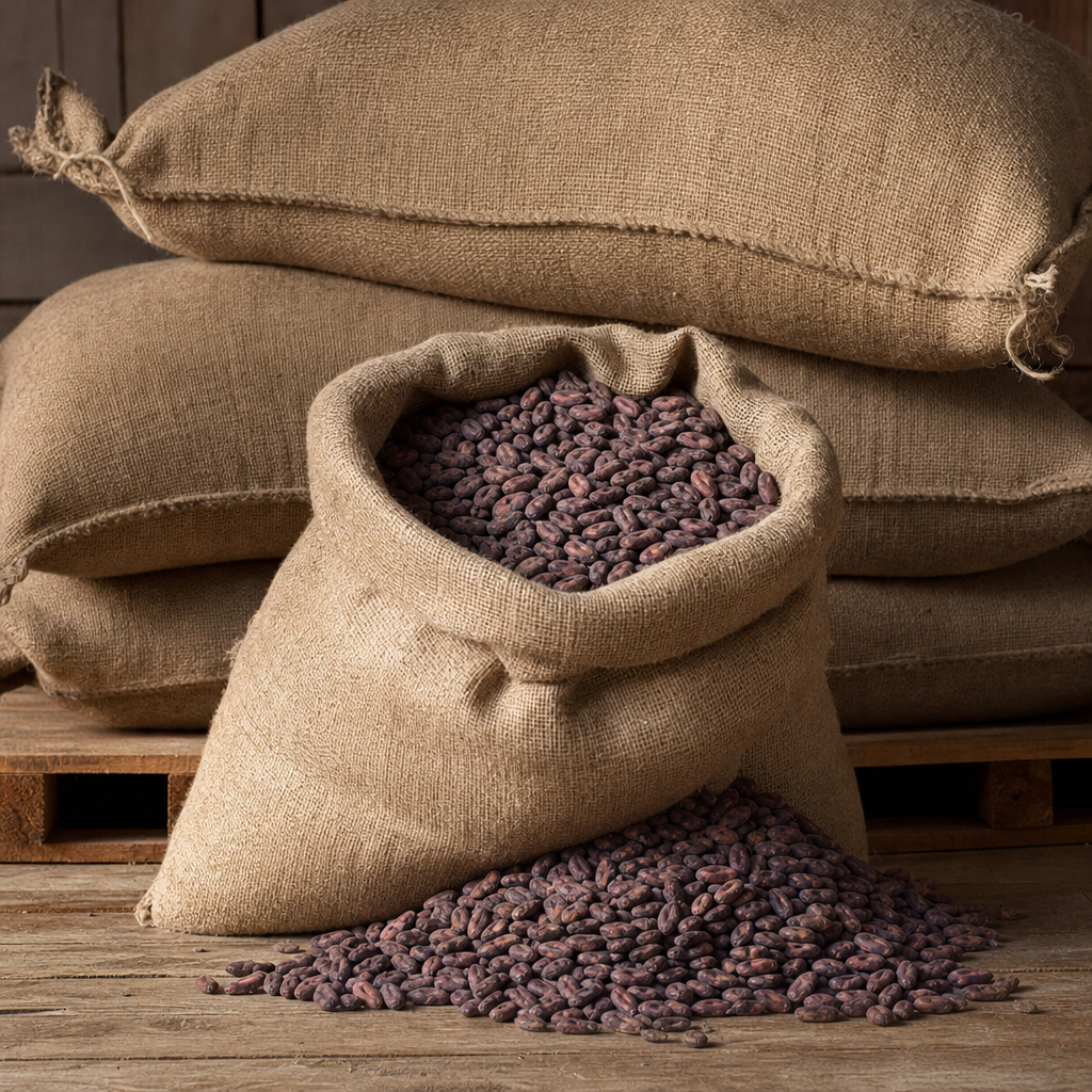 Sacks filled with Madagascar cacao beans on a wooden pallet