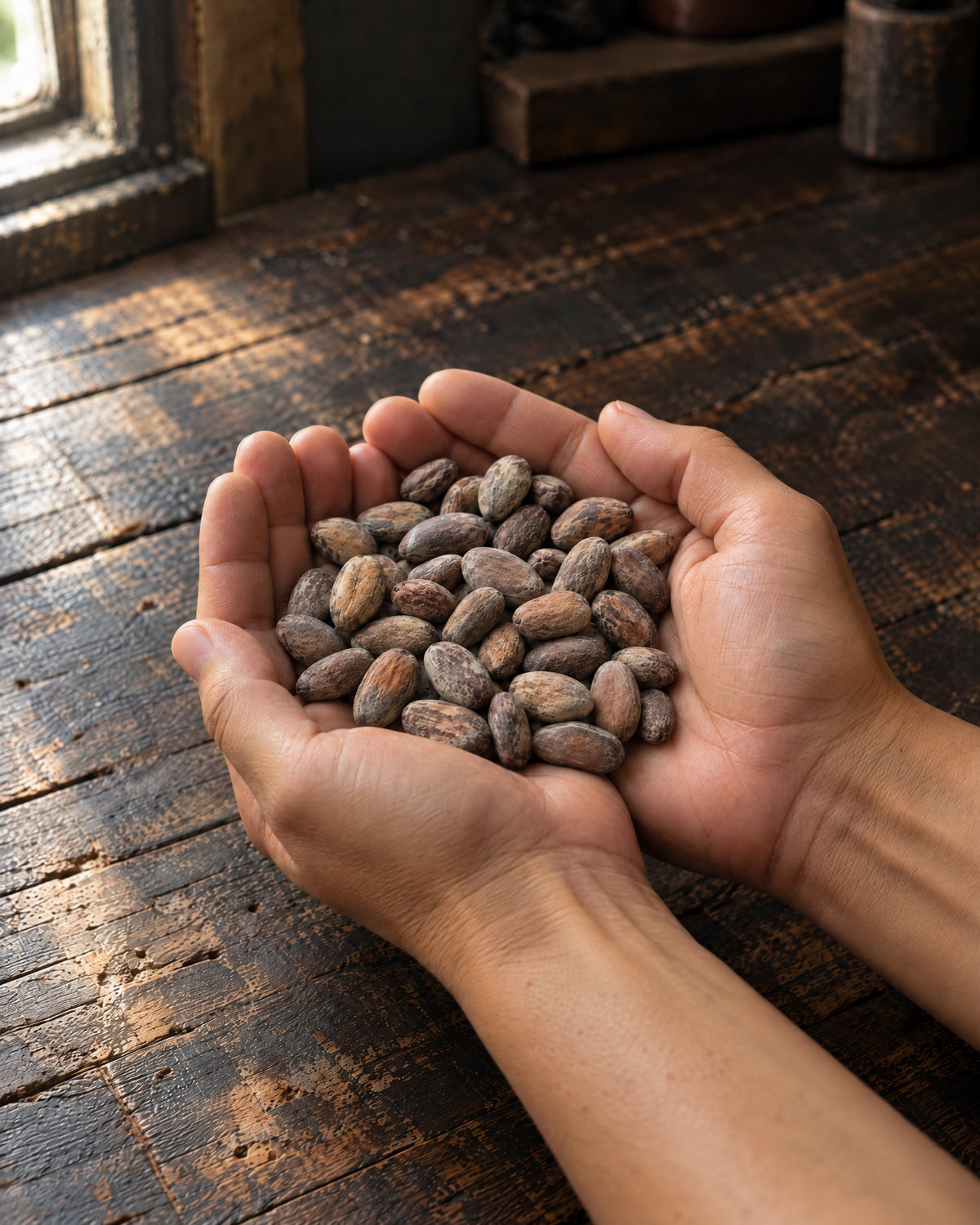 Two cupped hands holding Walikeewa cacao beans in soft window light.