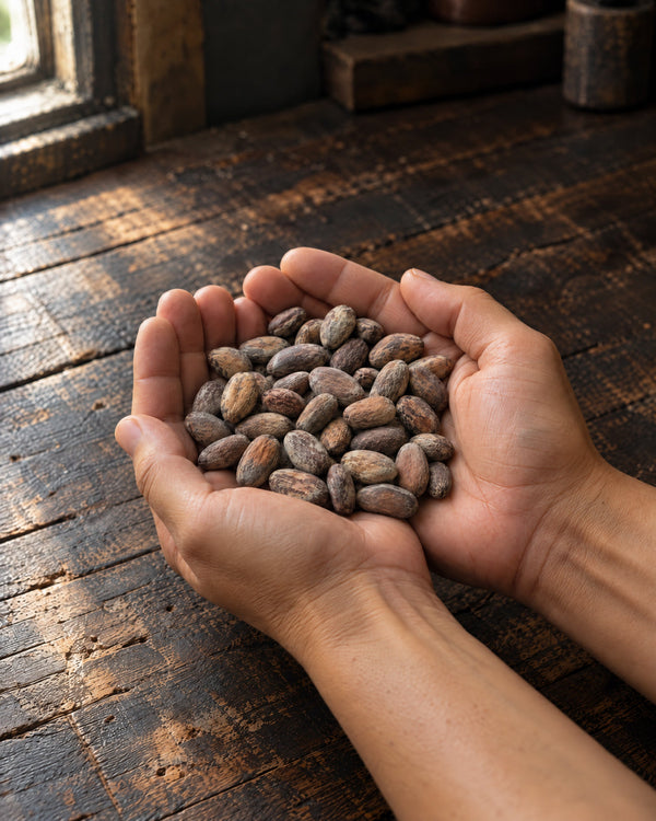 Two cupped hands holding Walikeewa cacao beans in soft window light.