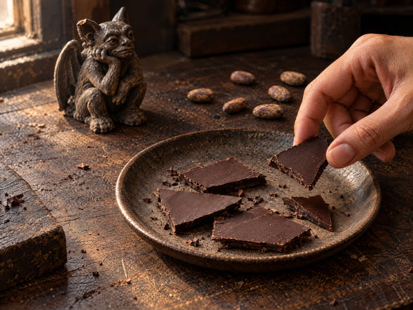 Pieces of evaluation chocolate made from Walikeewa cacao beside loose beans on a worn workbench.
