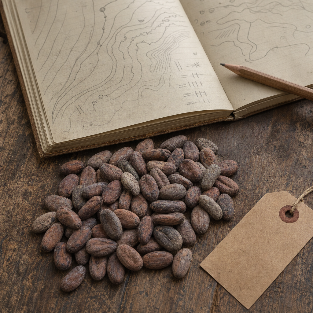 Zorzal cacao beans beside a field notebook with hand-drawn maps