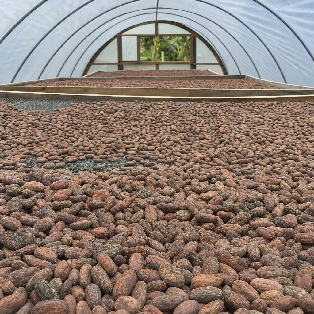 Zorzal cacao beans drying on raised beds inside a solar tunnel