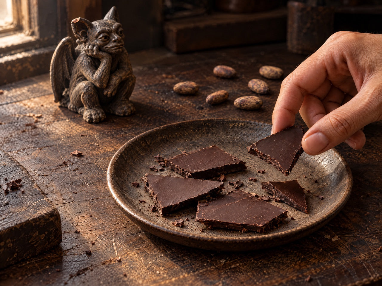 AI-generated scene of chocolate pieces and cacao beans on a workbench